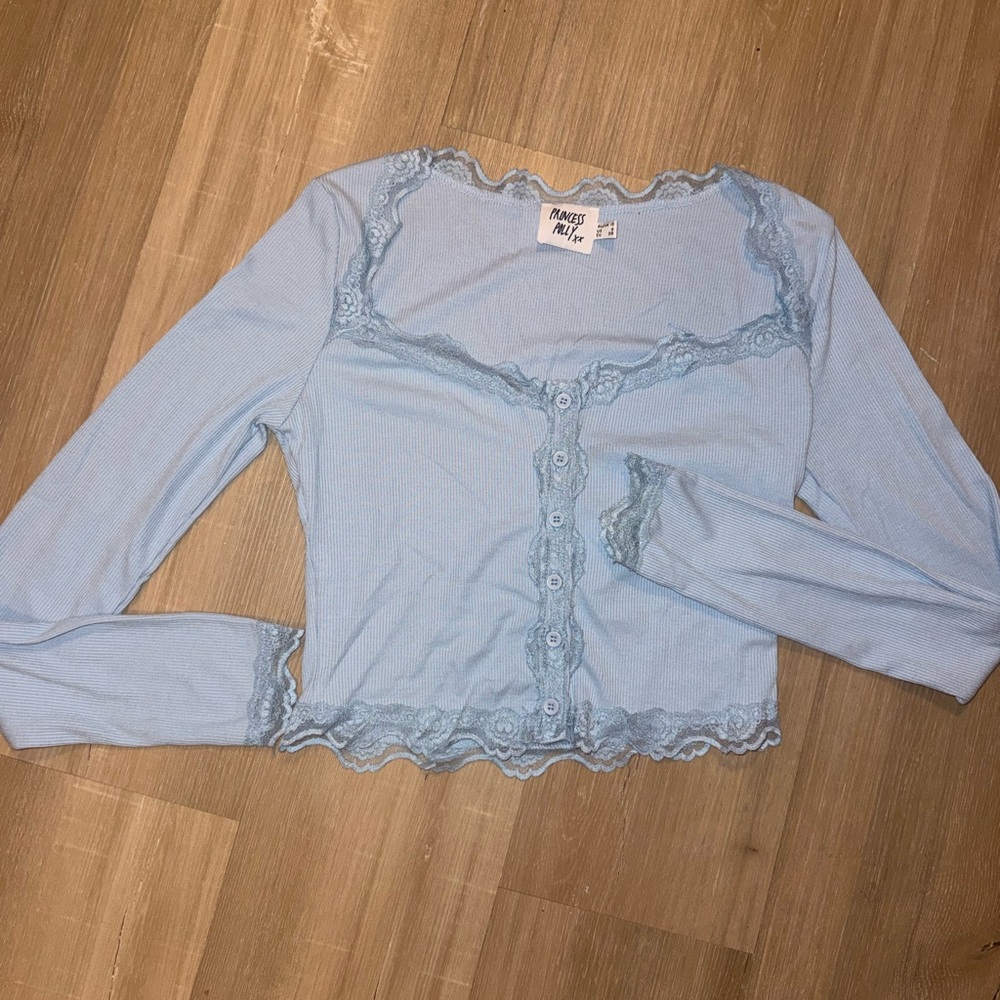 Princess Polly Light Blue Lace Trim Top